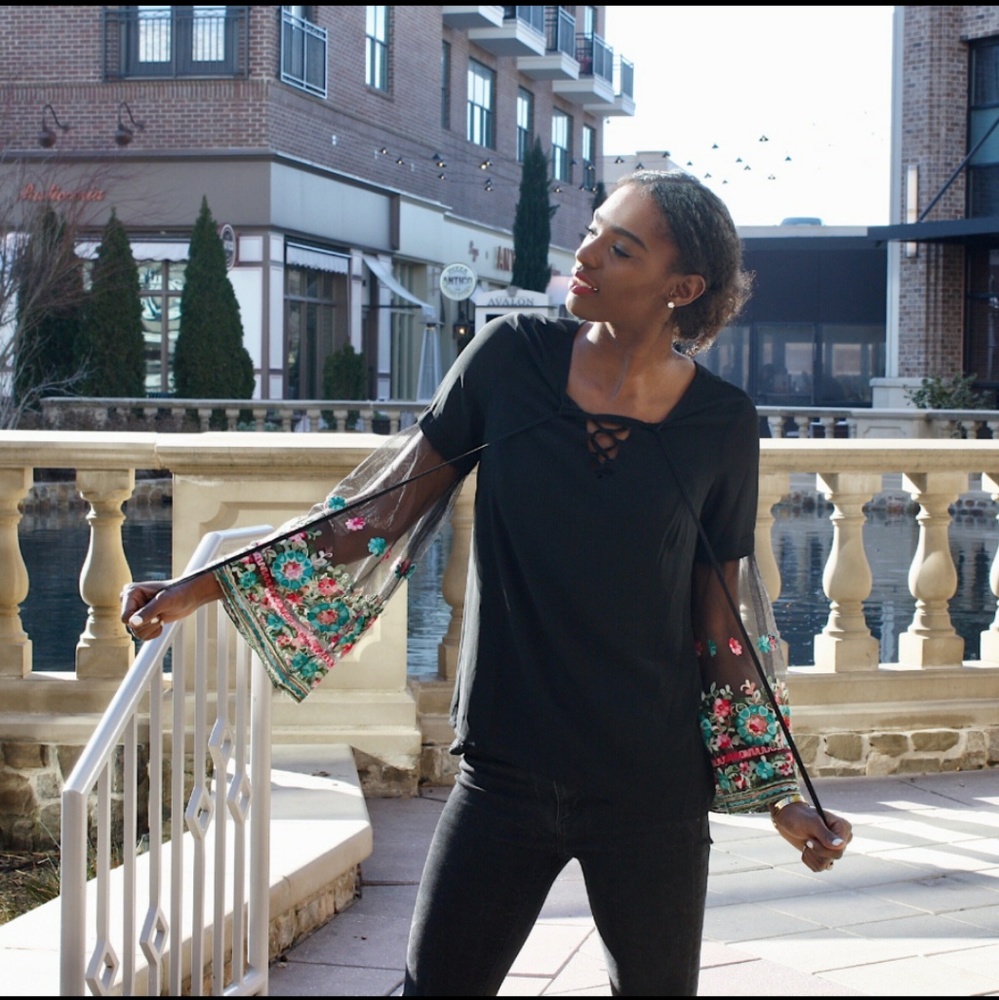 Black Blouse with sheer embroidered sleeves